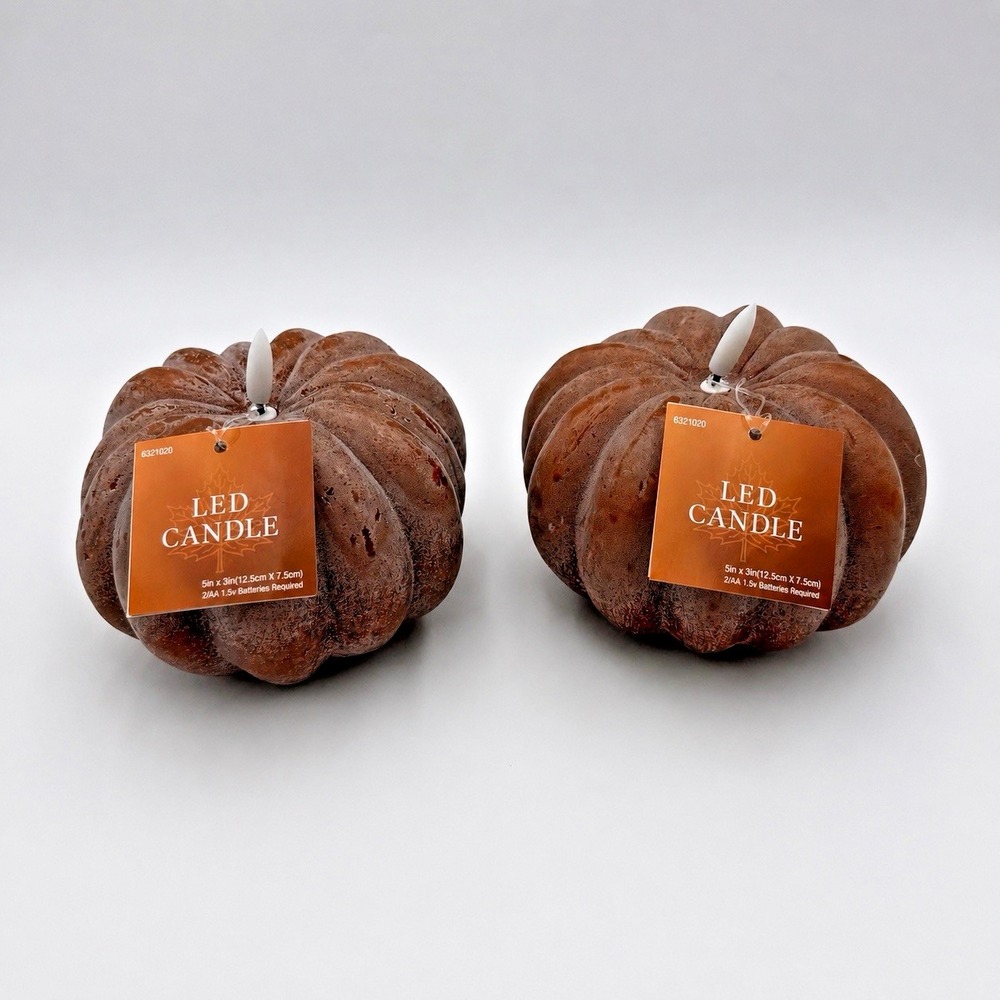 2026 Hobby Lobby Pumpkin LED Candle Timer Flame Fall Brown Set of 2 New